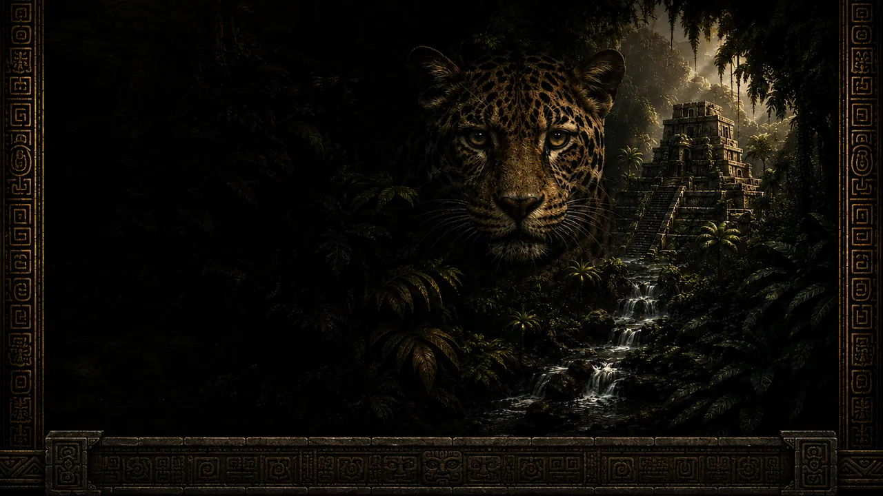 A jaguar watching from dense Yucatan jungle beside a stepped Mayan stone temple, with palms and a waterfall below